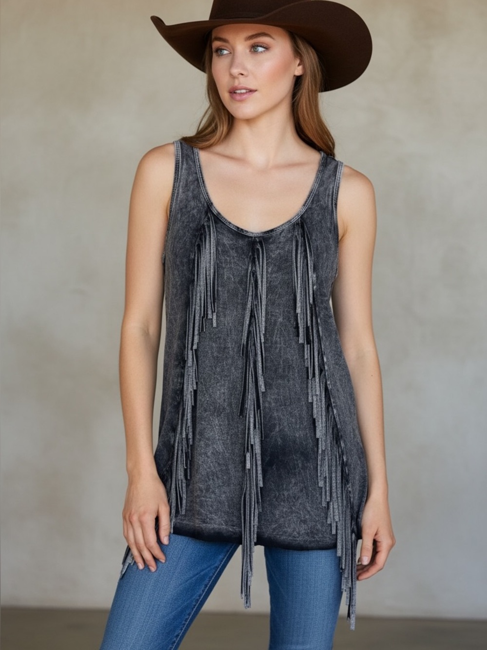 Vintage inspired Washed Black Fringe Tank Top  Size S
